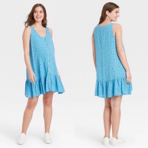 The Nines By Hatch Maternity Dress Blue Floral Ruffle Hem Button Front Womens M - Picture 1 of 9